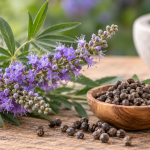 Vitex agnus-castus o sauzgatillo con flores violetas y frutos secos