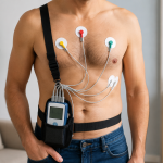 Paciente con Holter cardíaco y electrodos en el pecho