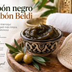 Jabón negro o jabón Beldi con guante de kessa y aceitunas