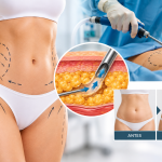 Liposucción abdominal con marcaje corporal, cánula de aspiración y representación de la extracción de grasa