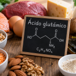 Ácido glutámico y alimentos que lo contienen como pescado, carne, huevos, lácteos, legumbres y frutos secos