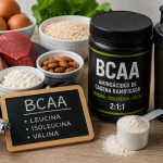 BCAA con leucina, isoleucina y valina junto a alimentos ricos en proteínas