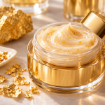 Tarro de crema facial con partículas doradas en una imagen sobre cosmética con oro
