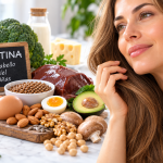 Mujer junto a alimentos ricos en biotina como huevos, salmón, frutos secos, aguacate, legumbres y verduras
