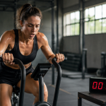 Mujer realizando entrenamiento HIIT de alta intensidad en bicicleta