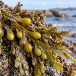Fucus vesiculosus creciendo sobre rocas en la costa