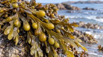 Fucus vesiculosus creciendo sobre rocas en la costa