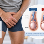Hombre con molestias testiculares y esquema de varicocele testicular