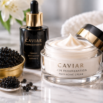 Crema y sérum de cosmética de caviar junto a huevas de caviar negro