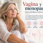 Mujer en la menopausia con información sobre cambios vaginales como sequedad, menor elasticidad y mayor sensibilidad