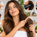 Mujer peinando su cabello junto a imágenes de lavado, acondicionador, aceites, protección solar y cuidado de las puntas