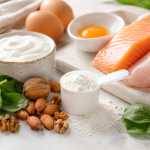 Alimentos ricos en proteínas y suplemento en polvo relacionados con la glutamina