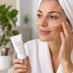 Mujer aplicándose una CC Cream en el rostro como crema con color y cuidado de la piel