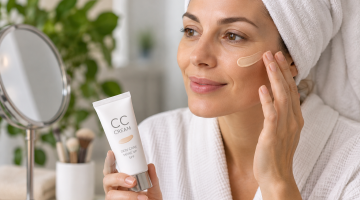 Mujer aplicándose una CC Cream en el rostro como crema con color y cuidado de la piel