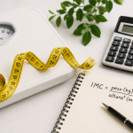 Báscula, cinta métrica y calculadora para calcular el IMC