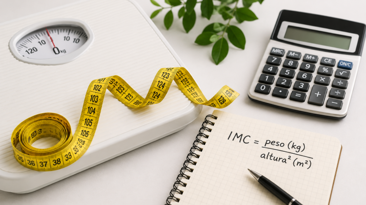 Báscula, cinta métrica y calculadora para calcular el IMC