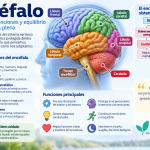Encéfalo y sus principales partes: lóbulos cerebrales, cerebelo, tronco encefálico, tálamo e hipotálamo