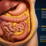 Ilustración del abdomen con grasa visceral acumulada alrededor de los órganos internos.