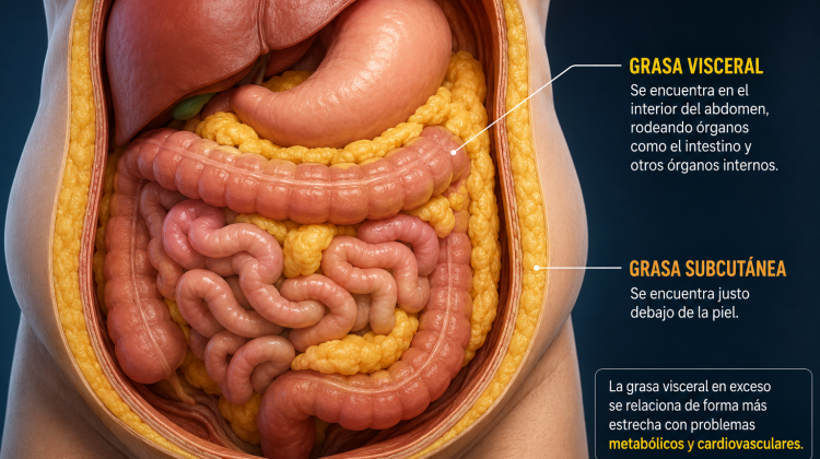 Ilustración del abdomen con grasa visceral acumulada alrededor de los órganos internos.