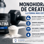 Monohidrato de creatina en polvo junto a un vaso mezclador con agua