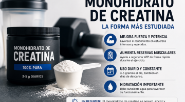 Monohidrato de creatina en polvo junto a un vaso mezclador con agua