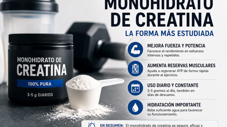 Monohidrato de creatina en polvo junto a un vaso mezclador con agua