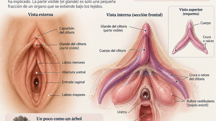 Anatomía del clítoris con su parte externa, cuerpo, raíces y bulbos vestibulares