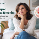Mujer con prolapso genital femenino y representación de los órganos pélvicos