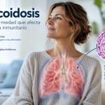 Ilustración médica de sarcoidosis con afectación pulmonar y formación de granulomas