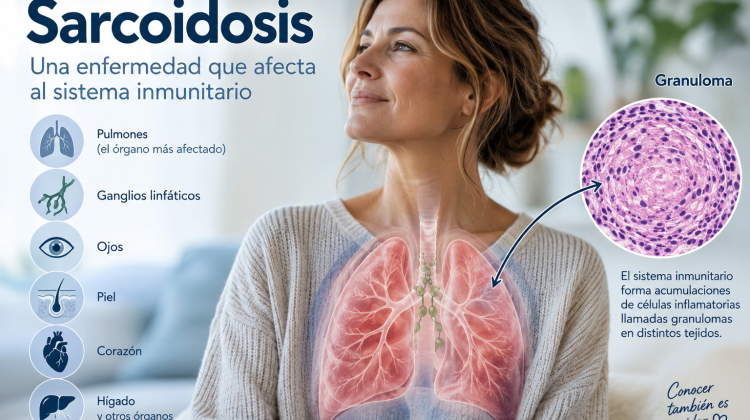 Ilustración médica de sarcoidosis con afectación pulmonar y formación de granulomas